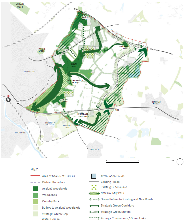 Policies map showing the site application boundary (red line), proposed land uses and policy designations. If you require this map in an alternative/accessible format, please contact tcbgardencommunity@colchester.gov.uk