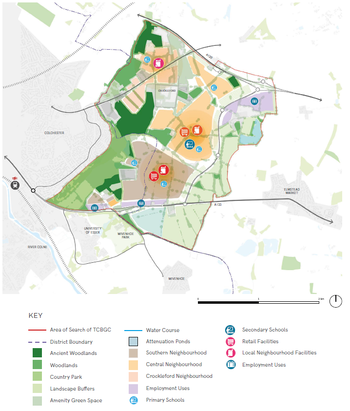 Map showing a possible buildings, places and character framework plan for the site. This map is illustrative only. If you require this map in an alternative/accessible format, please contact tcbgardencommunity@colchester.gov.uk