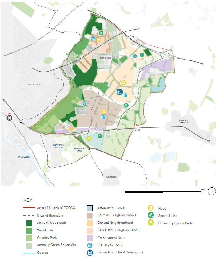 Map showing a possible community and social infrastructure framework plan for the site. This map is illustrative only. If you require this map in an alternative/accessible format, please contact tcbgardencommunity@colchester.gov.uk