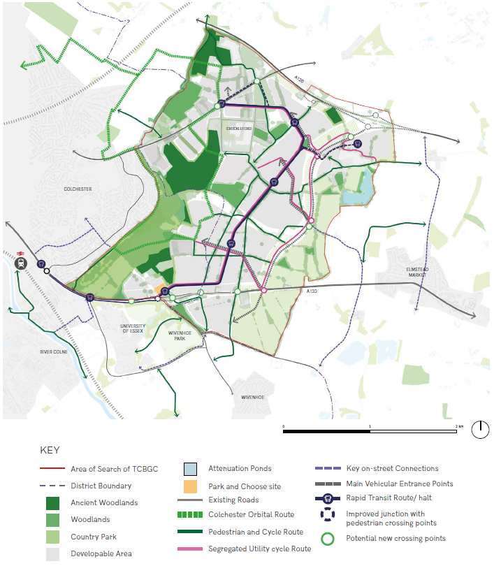 Map showing a possible movement and connections framework plan for the site. This map is illustrative only. If you require this map in an alternative/accessible format, please contact tcbgardencommunity@colchester.gov.uk