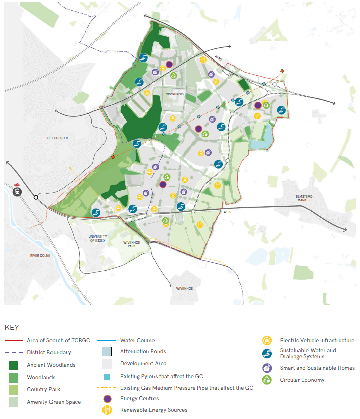 Map showing a possible sustainable infrastructure framework plan for the site. This map is illustrative only. If you require this map in an alternative/accessible format, please contact tcbgardencommunity@colchester.gov.uk