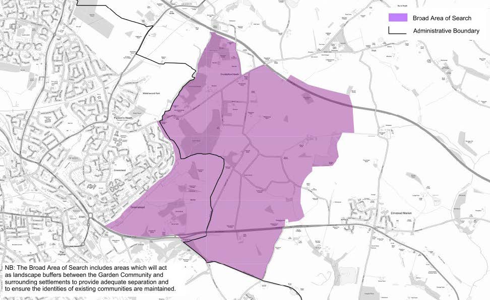 Map showing the Broad Area of Search (purple shading) and the administrative boundary of Tendring and Colchester Councils (black line). If you require this map in an alternative/accessible format, please contact tcbgardencommunity@colchester.gov.uk