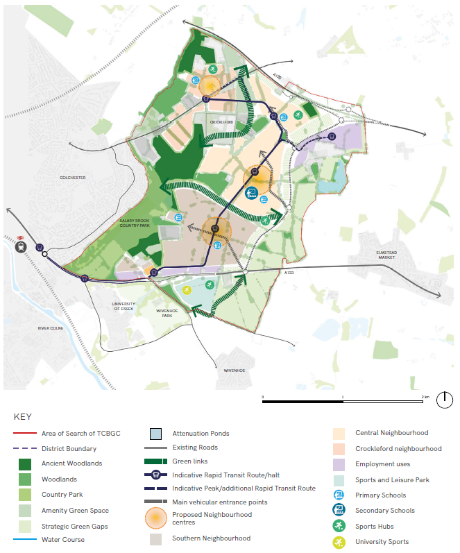 Map showing a possible masterplanning option for the site. This map is illustrative only. If you require this map in an alternative/accessible format, please contact tcbgardencommunity@colchester.gov.uk